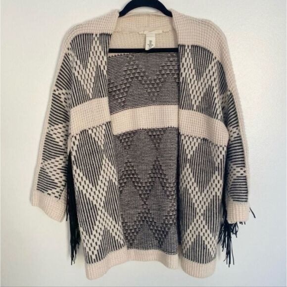 Wool alpaca sweater cardigan top open, fringe small or medium fit cream black - Picture 3 of 16
